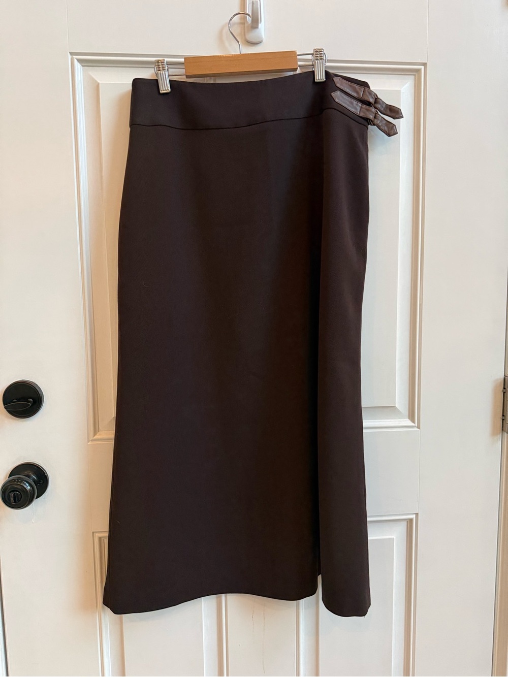 VTG Wool Ralph Lauren Dark Brown Maxi Skirt with Leather Buckles (bleach spot)